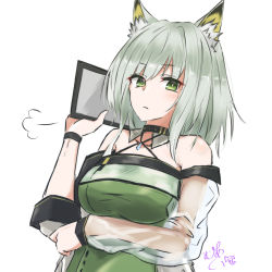 Rule 34 | 1girl, animal ear fluff, animal ears, arknights, bare shoulders, cat ears, clipboard, closed mouth, commentary request, detached collar, dress, green dress, green eyes, green hair, hand up, highres, holding, holding clipboard, kal&#039;tsit (arknights), maiq06, material growth, off-shoulder dress, off shoulder, oripathy lesion (arknights), see-through, see-through sleeves, short hair with long locks, solo, upper body, white background