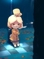 Rule 34 | 1girl, animal crossing, animal ears, animal nose, bell, blonde hair, breath, cardigan, checkered floor, cold, commentary request, dark, dog ears, dog girl, dog tail, frown, furry, furry female, green skirt, hair bell, hair ornament, highres, isabelle (animal crossing), jingle bell, lamppost, leaf, long sleeves, looking at viewer, miniskirt, night, nintendo, outdoors, pencil skirt, samidare (hoshi), shirt, short hair, skirt, solo, split mouth, standing, tail, tears, tile floor, tiles, topknot, trembling, white shirt, yellow cardigan