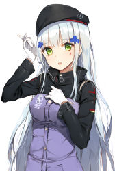 Rule 34 | 1girl, absurdres, beret, girls&#039; frontline, gloves, green eyes, grey background, hand on own chest, hands up, hat, highres, hk416 (girls&#039; frontline), jacket, long hair, long sleeves, looking at viewer, open mouth, rurikoma, silver hair, simple background, solo, teardrop, teardrop tattoo, upper body, very long hair, white background, white gloves