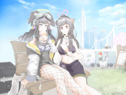 4girls absurdres animal_ears bench black_shorts blue_archive blue_eyes blue_sky breasts building cloud commentary_request dog_ears faceless fishnet_pantyhose fishnets food goggles goggles_on_head grey_hair halo heart heart_halo hibiki_(blue_archive) highres holding holding_food holding_ice_cream huma_wat ice_cream ice_cream_cone jacket maki_(blue_archive) multiple_girls nanashi_inc. navel open_clothes open_jacket outdoors pantyhose pink_eyes pink_halo purple_hair red_hair red_halo shin_shin shorts sitting sky soft_serve v_ap_art virtual_youtuber white_jacket yellow_halo yuuka_(blue_archive)