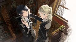 Rule 34 | 2boys, back, beans, black eyes, black hair, black jacket, black pants, blazer, blonde hair, book, bookshelf, character request, closed mouth, from above, frown, grimoire no niwa, hair between eyes, hand in pocket, holding, holding book, indoors, jacket, long hair, looking at viewer, looking up, male focus, multiple boys, official art, outstretched arm, pants, plant, ponytail, potted plant, sakurana haru, school uniform, shade, shadow, table, uniform, kabedon, window
