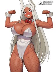 Rule 34 | 1girl, aftersex, animal ears, artist logo, bare shoulders, body writing, boku no hero academia, bow, bowtie, breasts, cleavage, commentary, crotch zipper, cum, dark-skinned female, dark skin, detached collar, donburi (donburikazoku), fanbox username, fishnet pantyhose, fishnets, flexing, grin, groin, highleg, highleg leotard, highres, huge breasts, leotard, long hair, looking at viewer, mirko, muscular, muscular female, pantyhose, patreon username, playboy bunny, rabbit ears, red bow, red bowtie, red eyes, simple background, smile, smug, solo, strapless, strapless leotard, sweat, tally, thick thighs, thighs, v-shaped eyebrows, very long hair, watermark, web address, white leotard, wrist cuffs, zipper, zipper pull tab