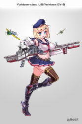 Rule 34 | 1girl, aircraft, aircraft carrier, airplane, anchor, anti-aircraft, anti-aircraft gun, belt, blonde hair, blue eyes, boots, breasts, brown belt, character name, copyright name, elbow gloves, f2a buffalo, full body, g.h (gogetsu), gloves, grey background, hair ornament, hairclip, hat, highres, knee boots, large breasts, leg up, mecha musume, military, military vehicle, miniskirt, navel, official art, pointing, pointing at viewer, sailor, sailor collar, sailor hat, sailor shirt, ship, shirt, skirt, sleeveless, solo, tattoo, text focus, thighhighs, trigger discipline, warship, warship girls r, watercraft, yorktown (warship girls r), zettai ryouiki