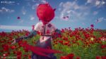 Rule 34 | 3d, adjusting hair, animated, blue hair, bouncing breasts, breasts, choker, cleavage, dress, field, flower, flower field, frilled dress, frills, gloves, highres, large breasts, looking at viewer, magic, nemesis (overhit), overhit, petals, purple hair, red flower, red hair, sideboob, spiked choker, spiked gloves, spikes, video