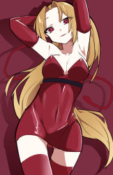 Rule 34 | 1girl, armpits, bare shoulders, blonde hair, breasts, cleavage, collarbone, covered navel, dress, elbow gloves, gloves, highres, hiyashinssu, long hair, looking at viewer, open mouth, ponytail, red dress, red gloves, short dress, shynesslady, simple background, smile, solo, star ocean, star ocean the second story, strapless, thighhighs, very long hair