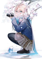 Rule 34 | 1girl, backlighting, black thighhighs, blonde hair, blue eyes, blue jacket, blue scarf, blush, camera, closed mouth, commentary, flower, from side, grey skirt, highres, holding, holding camera, jacket, long hair, long sleeves, looking at viewer, miwano rag, original, plaid, plaid skirt, pleated skirt, rabbit, scarf, skirt, smile, solo, squatting, symbol-only commentary, thighhighs, tree, white background, white flower