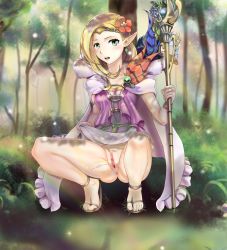 Rule 34 | 1girl, anus, bare legs, blonde hair, cape, clitoris, clothes lift, dress, earrings, elf, feet, female focus, forest, green eyes, highres, jewelry, koori no, long hair, looking at viewer, mystical fairy elfuria, nature, peeing, pointy ears, pussy, skirt, skirt lift, solo, squatting, staff, tiara, toes, uncensored, yu-gi-oh!