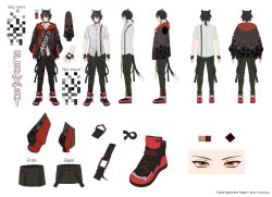Rule 34 | 1boy, algorhythm project, animal ears, black footwear, black gloves, black hair, character sheet, closed mouth, collar, collared shirt, commentary, copyright name, english commentary, english text, fingerless gloves, gloves, hyouga alpha, jacket, jiman, multicolored hair, multiple views, official art, red hair, second-party source, shirt, shoes, short hair, short ponytail, sneakers, streaked hair, tail, virtual youtuber, white shirt, yellow eyes