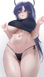 Rule 34 | 1girl, absurdres, black panties, black shirt, blue archive, breasts, commentary request, facepaint, fingernails, from below, groin, halo, highres, large breasts, long hair, looking down, navel, panties, ponytail, purple eyes, purple hair, sachuan, shirt, side-tie panties, simple background, solo, star (symbol), stomach, sweat, thong, tongue, tongue out, underboob, underwear, very long hair, white background, yuuka (blue archive)