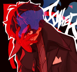 Rule 34 | 1boy, abstract background, amamiya ren, black hair, black jacket, blood, blood on face, character name, covering face, crazy smile, gloves, hair between eyes, highres, jacket, long sleeves, looking ahead, male focus, persona, persona 5, red eyes, red gloves, short hair, smile, yuusuke (yyy xp)
