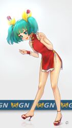Rule 34 | 1girl, :d, acfun, armlet, artist logo, bare arms, bare legs, bare shoulders, blunt bangs, bow, china dress, chinese clothes, dress, flat chest, frilled dress, frilled wristband, frills, full body, green eyes, green hair, hair bow, hair ornament, hands up, high heels, highres, leaning forward, legs apart, looking down, medium hair, open mouth, red dress, red footwear, red nails, red wristband, reed girl, reflection, reflective floor, sandals, short eyebrows, side-tie peek, sleeveless, sleeveless dress, smile, solo, standing, teeth, twintails, ud terry, upper teeth only, white background, wristband, yellow bow