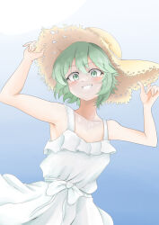 Rule 34 | 1girl, absurdres, alternate costume, blue background, blush, commentary request, cowboy shot, dress, flat chest, frilled dress, frills, gradient background, green eyes, green hair, grin, hair between eyes, hat, highres, looking at viewer, medium bangs, namonakisamurai, short hair, smile, solo, straw hat, sun hat, sundress, textless version, touhou, white dress, wriggle nightbug, yellow hat