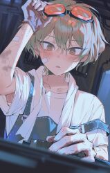 Rule 34 | 1boy, bandaid, bandaid on face, blonde hair, blush, gloves, goggles, goggles on head, hand up, highres, korean commentary, lobotomy corporation, male focus, maratang, project moon, shirt, short hair, sinclair (project moon), solo, sweat, white shirt, yellow eyes