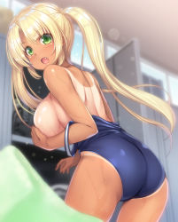 Rule 34 | 1girl, ass, back, blonde hair, blurry, bokeh, breasts, clothes pull, commentary request, covering breasts, covering one breast, covering privates, day, depth of field, fang, from behind, from side, green eyes, gyaru, hair between eyes, highres, indoors, kageira, large breasts, leaning forward, locker, locker room, long hair, looking back, off shoulder, one-piece swimsuit, one-piece swimsuit pull, one-piece tan, open mouth, original, parted bangs, school swimsuit, sideboob, solo, standing, surprised, swimsuit, tan, tanline, thighs, towel, twintails, wet, wide-eyed