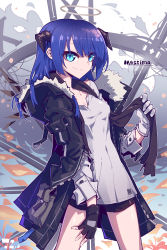 Rule 34 | 1girl, absurdres, arknights, asymmetrical gloves, black gloves, black jacket, black scarf, black shorts, blue eyes, blue hair, character name, clock, closed mouth, cowboy shot, demon horns, energy wings, fallen angel, fingerless gloves, fur-trimmed hood, fur trim, gloves, halo, highres, holding, holding clothes, holding scarf, hood, horns, imazawa, jacket, long hair, long sleeves, mismatched gloves, mostima (arknights), open clothes, open jacket, scarf, shirt, short shorts, shorts, smile, solo, standing, thighs, white gloves, white shirt