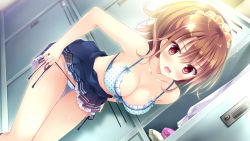 Rule 34 | 1girl, bikini, blush, breasts, brown hair, cleavage, ensemble (company), game cg, highres, kimishima ao, open mouth, ponytail, red eyes, school uniform, skirt, swimsuit, undressing