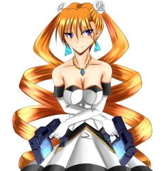 Rule 34 | 1girl, absurdres, aq interactive, arcana heart, atlus, bare shoulders, breasts, cleavage, crossed arms, dress, drill hair, dual wielding, earrings, examu, female focus, flower, gun, hair flower, hair ornament, highres, holding, jewelry, long hair, necklace, orange hair, petra johanna lagerkvist, purple eyes, rose, smile, solo, strapless, strapless dress, twintails, very long hair, weapon, white flower, white rose