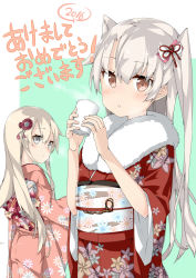 Rule 34 | 10s, 2016, 2girls, alternate costume, amatsukaze (kancolle), blonde hair, blush, brown eyes, commentary request, cowboy shot, cup, ebifurya, eyebrows, floral print, grey eyes, hair between eyes, hair ornament, highres, holding, holding cup, japanese clothes, kantai collection, kimono, long hair, looking at viewer, multicolored background, multiple girls, obi, sash, shimakaze (kancolle), sidelocks, silver hair, smoke, translation request, two-tone background, two side up, wide sleeves