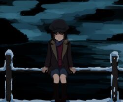 Rule 34 | 1girl, :|, annoyed, black footwear, black hair, black hat, black sky, blue shorts, blush, boots, brown coat, cabbie hat, closed mouth, cloud, cloudy sky, coat, commentary, commission, deadpan, drawstring, english commentary, feet out of frame, hand on railing, hat, highres, hood, hoodie, jitome, knee boots, kurokimoko, light blush, long sleeves, looking at viewer, mountainous horizon, nakahara misaki, nhk ni youkoso!, night, night sky, nose blush, ocean, on railing, open clothes, open coat, outdoors, purple hoodie, purple scarf, railing, raised eyebrow, scarf, short hair, shorts, sitting, sky, snow, solo, star (sky), starry sky, straight-on, upturned eyes, winter, winter clothes