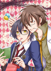 Rule 34 | 2boys, alvin (tales), argyle, argyle background, argyle clothes, bespectacled, black hair, book, brown eyes, brown hair, candy, food, food in mouth, glasses, jude mathis, lab coat, lollipop, male focus, mouth hold, multiple boys, necktie, official alternate costume, pink background, school uniform, seine (blueagate), smile, tales of (series), tales of xillia, uniform, upper body, yellow eyes