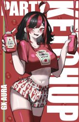 Rule 34 | 1girl, absurdres, ahoge, black hair, bottle, breasts, character name, collarbone, crop top, gx aura, highres, holding, holding bottle, huge ahoge, ketchup, ketchup bottle, medium breasts, medium hair, midriff, multicolored hair, opera gx, parody, pungson mori, red eyes, red hair, red shirt, red thighhighs, shirt, short shorts, shorts, standing, streaked hair, thighhighs, tomato, virtual youtuber, white shorts