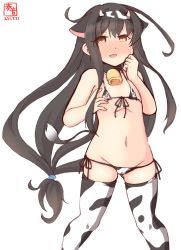 Rule 34 | 1girl, alternate costume, animal ears, animal print, artist logo, bell, bikini, black hair, cameltoe, commentary request, covered erect nipples, cow ears, cow horns, cow print, cow tail, cowbell, cowboy shot, dated, fake animal ears, fake horns, flat chest, front-tie top, hatsushimo (kancolle), headband, highres, horns, kanon (kurogane knights), kantai collection, long hair, looking at viewer, low-tied long hair, lowleg, lowleg bikini, micro bikini, one-hour drawing challenge, side-tie bikini bottom, simple background, solo, swimsuit, tail, thighhighs, white background, white bikini, white thighhighs