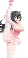 Rule 34 | 1girl, absurdres, animal ear fluff, animal ears, aqua eyes, armpits, arms up, bad id, bad pixiv id, black choker, black hair, blush, breasts, cat ears, cat girl, choker, cleavage, closed mouth, collarbone, commentary, covered navel, english commentary, groin, hair between eyes, highres, large breasts, leg up, leotard, long hair, looking at viewer, original, pink footwear, pink leotard, pink skirt, simple background, skindentation, skirt, solo, split, standing, standing on one leg, standing split, strapless, strapless leotard, thighhighs, thighs, very long hair, white background, white thighhighs, yuuraku yuraku