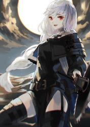 Rule 34 | 1girl, arknights, belt, braid, capelet, circular saw, highres, holding, holding weapon, long hair, long sleeves, moonlight, nukuyu haru, red eyes, saw, silver hair, smile, solo, specter (arknights), thighhighs, turtleneck, weapon