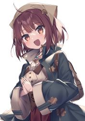Rule 34 | 1girl, :d, ahoge, atelier (series), atelier sophie, backpack, bag, blue coat, breasts, brown eyes, brown hair, coat, commentary request, head scarf, highres, long sleeves, looking at viewer, medium breasts, open clothes, open coat, open mouth, own hands together, palms together, pleated skirt, red skirt, shirt, simple background, skirt, smile, solo, sophie neuenmuller, wagashi928, white background, white shirt, wide sleeves