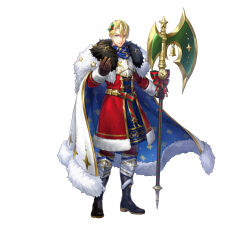 Rule 34 | 1boy, argon (exys), bell, black footwear, blonde hair, blue cape, blue eyes, brown gloves, cape, dimitri alexandre blaiddyd, dimitri alexandre blaiddyd (blessed protector), fire emblem, fire emblem: three houses, fire emblem heroes, fur-trimmed cape, fur trim, gloves, halberd, looking at viewer, male focus, mistletoe, mistletoe hair ornament, multicolored cape, multicolored clothes, nintendo, official alternate costume, official art, parted bangs, polearm, smile, solo, weapon, white cape