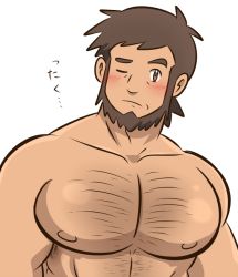 Rule 34 | 1boy, beard, blush, brown eyes, brown hair, chest hair, closed mouth, collarbone, commentary request, creatures (company), facial hair, frown, game freak, grey background, large pectorals, looking at viewer, male focus, meyer (pokemon), muscular, muscular male, nintendo, nude, one eye closed, pectorals, pokemon, pokemon (anime), pokemon xy (anime), shigure (ojshigu), short hair, simple background, solo, upper body, white background