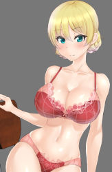 Rule 34 | 10s, 1girl, arm at side, bare shoulders, blonde hair, bra, braid, breasts, chair, cleavage, closed mouth, collarbone, cowboy shot, darjeeling (girls und panzer), floral print, girls und panzer, grey background, hair between eyes, koucha indian, large breasts, lingerie, looking at viewer, navel, panties, print bra, print panties, red bra, red panties, rose print, shiny skin, short hair, simple background, smile, solo, stomach, thighs, underwear, underwear only
