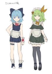Rule 34 | &gt;:), 2girls, alternate costume, apron, bare shoulders, black bow, black dress, black footwear, blue eyes, blue hair, bow, brown ribbon, cirno, closed mouth, clothing cutout, commentary request, daiyousei, dress, enmaided, frilled apron, frills, green eyes, green hair, grey legwear, hair between eyes, hair bow, hair ribbon, hand up, highres, looking at viewer, maid, maid headdress, multiple girls, one side up, ribbon, risui (suzu rks), shoes, shoulder cutout, simple background, sleeveless, sleeveless dress, smile, standing, thighhighs, touhou, translation request, v-shaped eyebrows, waist apron, white apron, white background, wrist cuffs