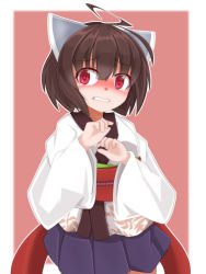 Rule 34 | 1girl, ahoge, ao (aoblueao), blue skirt, blush, brown hair, clenched teeth, hair between eyes, hands up, headgear, japanese clothes, kimono, long sleeves, looking at viewer, nose blush, obi, parted lips, pleated skirt, print kimono, red eyes, sash, short hair, short kimono, skirt, solo, tears, teeth, touhoku kiritan, voiceroid, white kimono, wide sleeves
