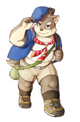 Rule 34 | 1boy, absurdres, animal ears, arange (youhei79384157), bag, bara, belt, beret, black socks, blue shirt, brown eyes, brown footwear, brown fur, closed mouth, collared shirt, commentary request, dog boy, dog ears, dog tail, full body, furry, furry male, hat, hatching (texture), highres, holding, holding clothes, holding hat, linear hatching, male focus, moritaka (housamo), muscular, muscular male, navel, neckerchief, official alternate costume, pectorals, scar, scar on face, scout uniform, shirt, short hair, simple background, smile, socks, solo, tail, tank top, thick eyebrows, tokyo houkago summoners, walking, white background, white tank top