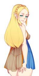 Rule 34 | 1girl, ass, blonde hair, blue eyes, braid, forehead, from behind, highres, lingerie, long hair, looking at viewer, looking back, nintendo, princess zelda, smile, smug, solo, the legend of zelda, the legend of zelda: breath of the wild, thong, transparent background, underwear