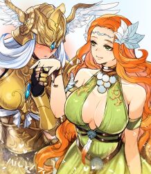 Rule 34 | 2girls, arm at side, armor, bare shoulders, blue gemstone, blush, breastplate, breasts, circlet, cleavage, cleavage cutout, clothing cutout, collarbone, commentary, covered eyes, cowboy shot, detached sleeves, dress, embarrassed, feathers, final fantasy, final fantasy xiv, gauntlets, gem, green dress, green eyes, halone (ff14), halter dress, halterneck, hand grab, hand up, head wreath, helmet, holding finger, imminent kiss, joji chan, kiss, kissing hand, large breasts, long hair, looking at another, multiple girls, nophica, orange hair, parted lips, pauldrons, shoulder armor, simple background, sleeveless, sleeveless dress, smile, wavy hair, white background, white hair, winged helmet, wristband, yuri