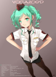 Rule 34 | 00s, 10s, 1girl, 2007, 2013, character name, copyright name, earrings, green eyes, green hair, hands on own hips, hat, hatsune miku, highres, jewelry, kowiru, matching hair/eyes, necktie, pantyhose, skirt, smile, solo, twintails, vocaloid