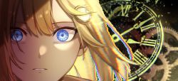 Rule 34 | 1girl, blonde hair, blue eyes, chromatic aberration, clock eyes, gears, glitch, hair ornament, highres, hololive, hololive english, looking at viewer, parted lips, portrait, rakku (rkrmz0n), roman numeral, solo, symbol-shaped pupils, virtual youtuber, watson amelia