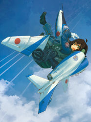 Rule 34 | 1girl, :d, ahoge, aircraft, airplane, artist name, asterisk kome, brown hair, cloud, contrail, dated, day, f-4 phantom ii, fighter jet, flying, green eyes, jet, jet engine, looking back, mecha musume, military, military vehicle, open mouth, original, personification, sky, smile, solo