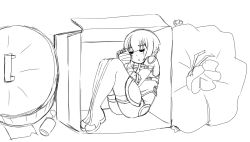 Rule 34 | 1girl, bandages, boots, box, cardboard box, closed eyes, fate/apocrypha, fate (series), greyscale, in box, in container, jack the ripper (fate/apocrypha), kekekeke, lineart, monochrome, original, short hair, sketch, solo, thigh boots, thighhighs, trash, trash can