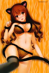Rule 34 | 1girl, animal ears, animal print, black thighhighs, blush, bra, breasts, brown eyes, brown hair, cat ears, cat tail, cleavage, full-face blush, fur trim, highres, koizumi amane, large breasts, leopard print, long hair, looking at viewer, nail polish, navel, panties, parted lips, shiny skin, single thighhigh, solo, tail, thighhighs, underwear, underwear only