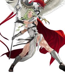 Rule 34 | 1girl, animal, armor, bird, braid, breasts, circlet, cleavage, closed mouth, dress, female focus, fire emblem, fire emblem heroes, full body, gauntlets, green hair, highres, holding, holding polearm, holding spear, holding weapon, jewelry, kozaki yuusuke, lips, long hair, looking away, medium breasts, mole, mole under eye, muscular, muscular female, nintendo, nott (fire emblem), official art, polearm, shoulder armor, sleeveless, sleeveless dress, solo, spear, toeless footwear, toes, transparent background, weapon, white dress