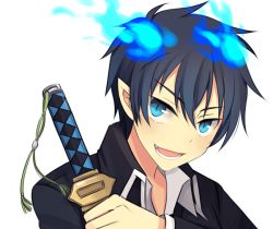 Rule 34 | 1boy, ao no exorcist, blue eyes, blue fire, fire, male focus, okumura rin, open mouth, pointy ears, short hair, simple background, slit pupils, smile, solo, white background, wusagi2