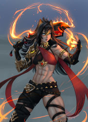 Rule 34 | 1girl, abs, absurdres, animal ears, armband, armor, belt, belt buckle, black hair, black nails, blue eyes, buckle, cat ears, dark-skinned female, dark skin, dehya (genshin impact), earrings, elbow gloves, fingerless gloves, fire, fire, genshin impact, gloves, gold armor, highres, jesse jordan, jewelry, lips, long hair, looking at viewer, muscular, muscular arms, muscular female, muscular legs, nail polish, navel, open mouth, ribs, shorts, shoulder armor, solo, stomach, sword, tassel, thick thighs, thigh strap, thighhighs, thighs, twitter username, vision (genshin impact), weapon
