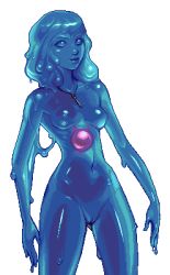 Rule 34 | 1girl, aurelia, blue hair, blue sclera, blue skin, breasts, colored sclera, colored skin, core, game cg, jewelry, key, key necklace, lips, medium hair, merah (aurelia), mirthal, monster girl, navel, necklace, nipples, no pupils, nose, nude, orb, pixel art, pussy, see-through, see-through body, slime girl, small breasts, solo, transparent background, uncensored