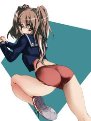 Rule 34 | 1girl, alric, ass, bad anatomy, blush, brown hair, buruma, looking at viewer, looking back, original, smile, solo, twintails
