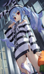 Rule 34 | 1girl, absurdres, animal ears, bare shoulders, blue hair, braid, breasts, carrot, chain, closed mouth, collar, dress, from below, highres, holding, hololive, long sleeves, looking at viewer, looking down, multicolored hair, name tag, off-shoulder dress, off shoulder, prison cell, prison clothes, rabbit ears, red eyes, safety pin, scottie (phantom2), small breasts, smile, solo, striped clothes, striped dress, striped headwear, thick eyebrows, thighs, twin braids, two-tone hair, usada pekora, usada pekora (prisoner), virtual youtuber, white hair
