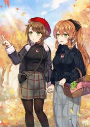 Rule 34 | 2girls, aran sweater, bag, beret, blue sky, blush, breasts, brown hair, brown legwear, cable knit, casual, coat, commission, crossover, day, earrings, fur-trimmed coat, fur trim, gijang, girls&#039; frontline, green eyes, hair between eyes, hair ribbon, hair rings, handbag, hat, highres, jewelry, kantai collection, large breasts, long hair, looking afar, multiple girls, mutsu (kancolle), open mouth, outdoors, pantyhose, picnic basket, pointing, ponytail, red hat, ribbed sweater, ribbon, ring, short hair, sidelocks, skirt, sky, smile, springfield (girls&#039; frontline), sweater, tree, turtleneck, turtleneck sweater, wedding band