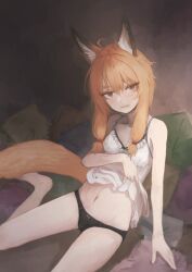 Rule 34 | 1girl, animal ear fluff, animal ears, barefoot, black panties, blush, camisole, closed mouth, clothes lift, fox ears, fox girl, fox tail, lifted by self, looking at viewer, nito (nshtntr), orange eyes, orange hair, original, panties, short hair with long locks, sitting, solo, tail, underwear, white camisole